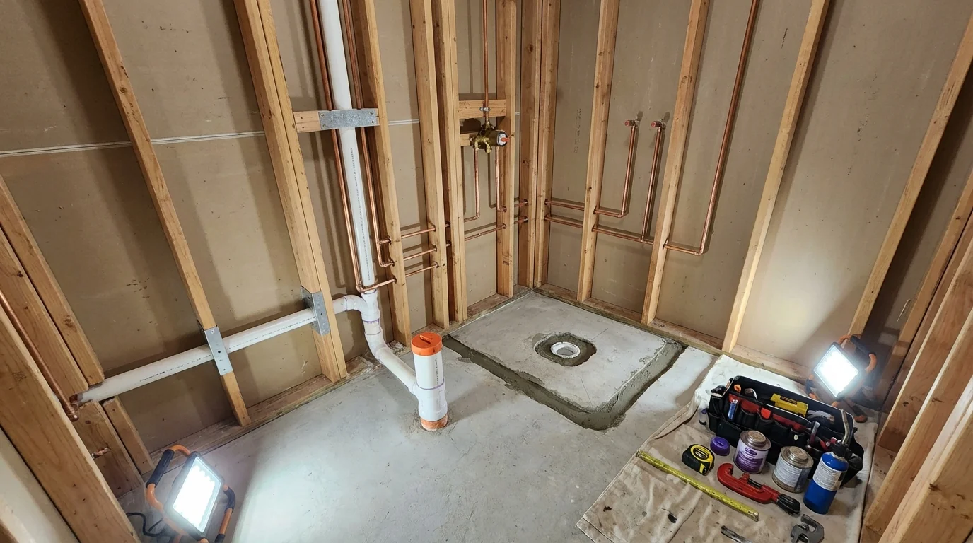 Bathroom rough-in plumbing during remodel by Johns Plumbing LLC in Pittsford