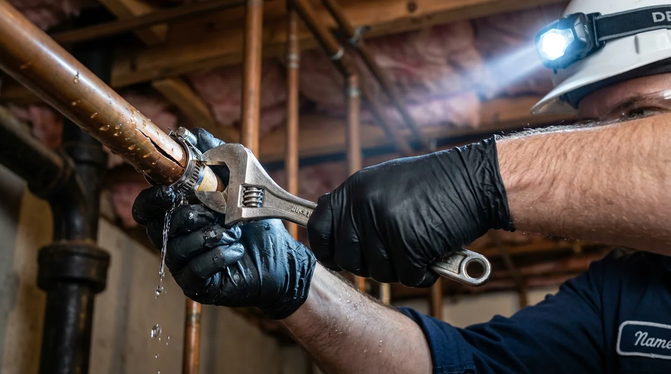 Emergency pipe clamp repair being performed by a Johns Plumbing LLC plumber in Pittsford