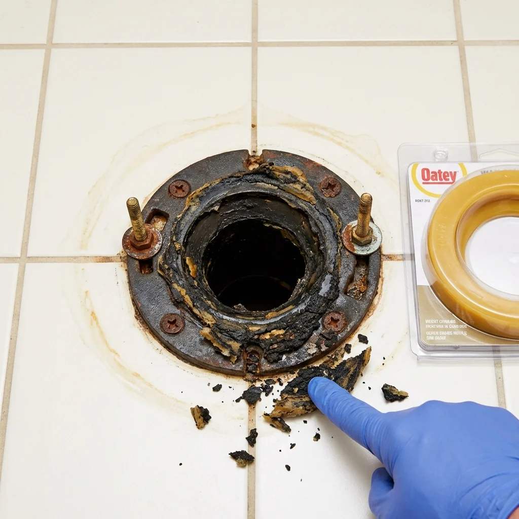Failed wax ring showing water seepage at the base of a toilet in a Pittsford, NY home