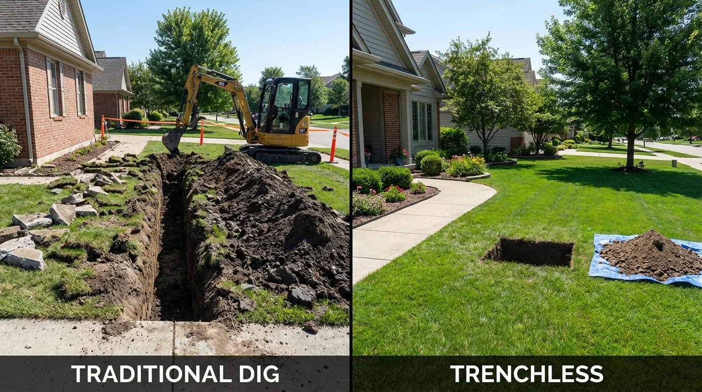 Trenchless sewer repair with minimal yard damage versus traditional excavation in Pittsford, NY