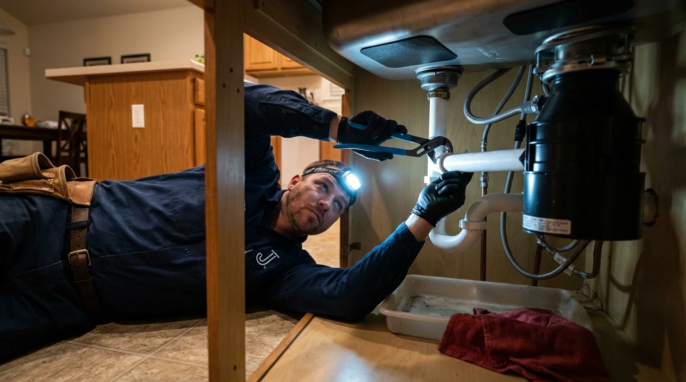 P-trap and supply line connections under a kitchen sink showing a common leak point in Pittsford, NY